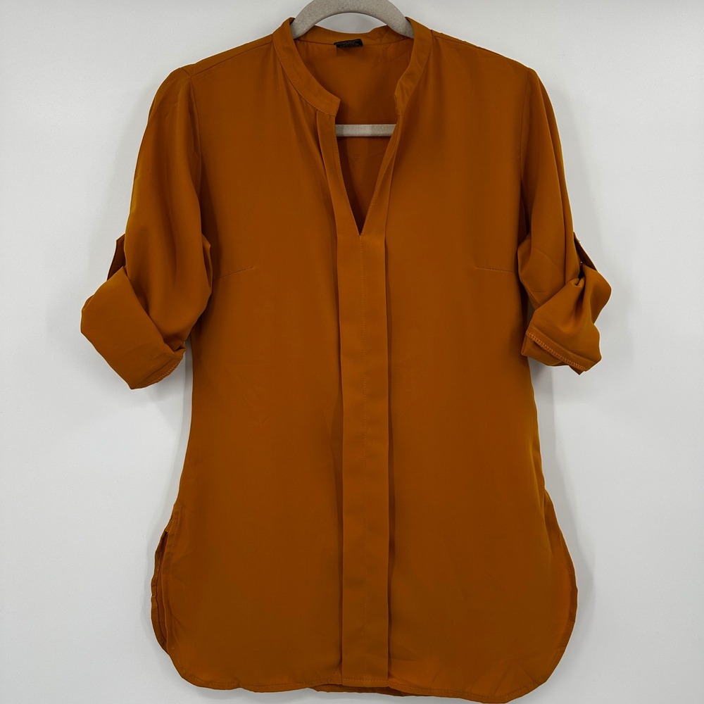 Soch‎ Womens Gold Roll Tab Sleeve Mandarin Indian Kurti Tunic Blouse Size Medium